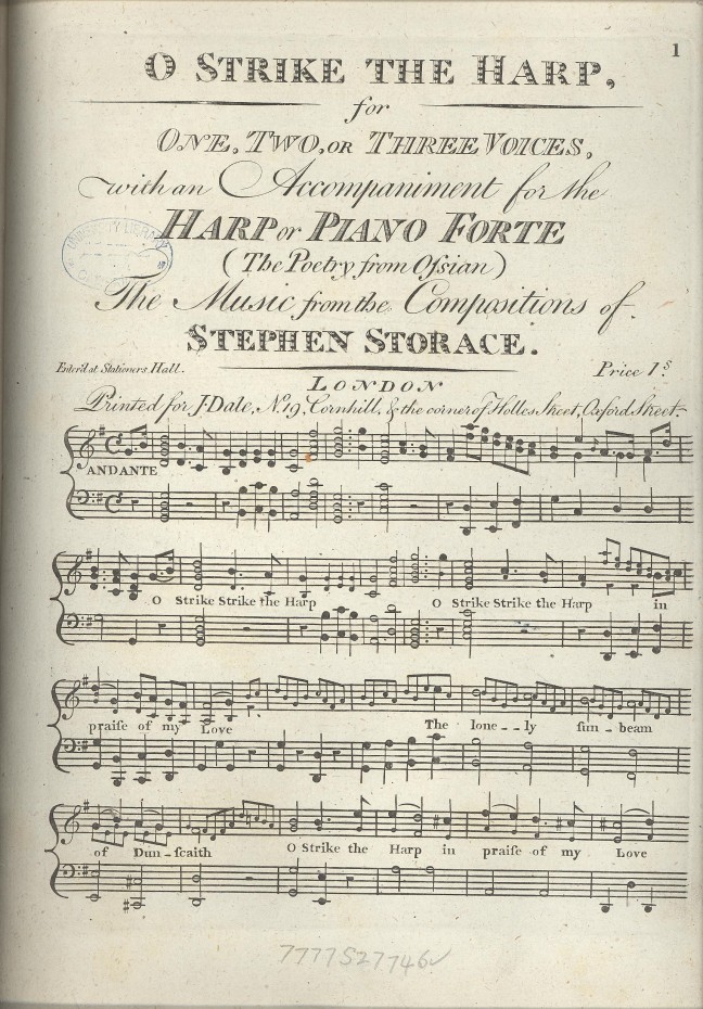 Storace O Strike the Harp 28 February 1798 page 1