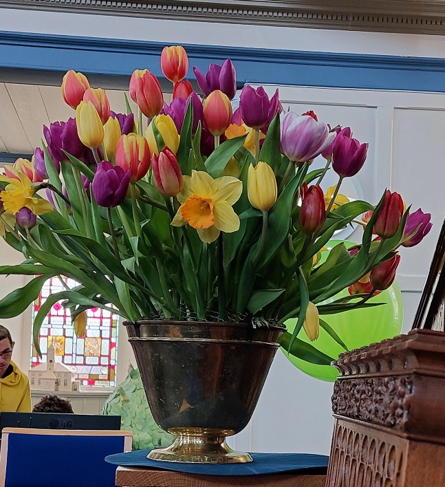 A bowl of tulips at church