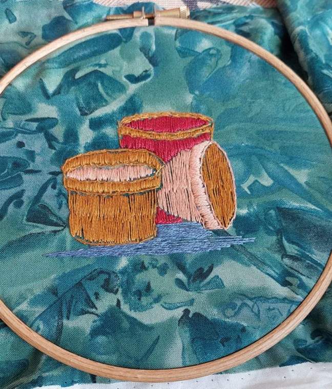 Embroidered picture of flower pots