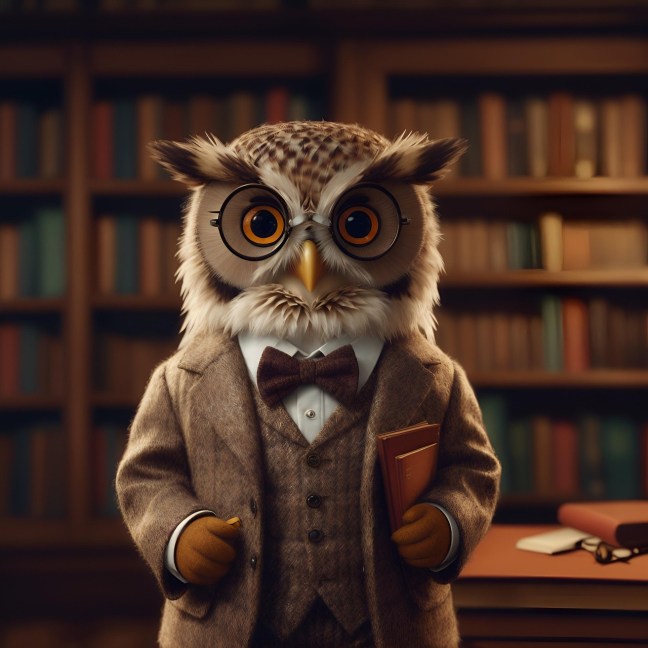 AI-generated owl in tweeds, with library shelves in background