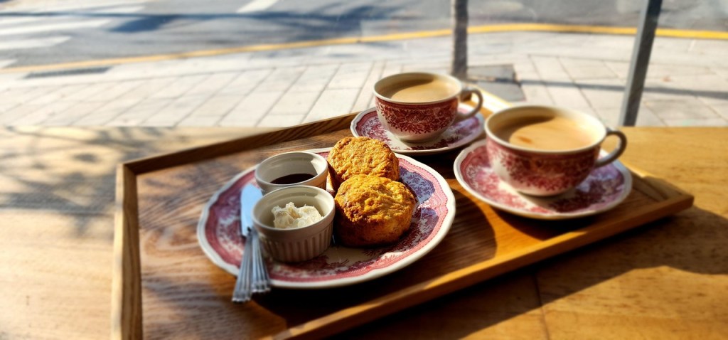 Tray containing tea and scones