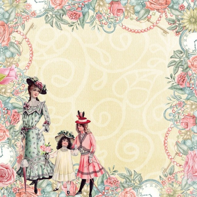 Edwardian lady and two little girls. Picture has a floral border.