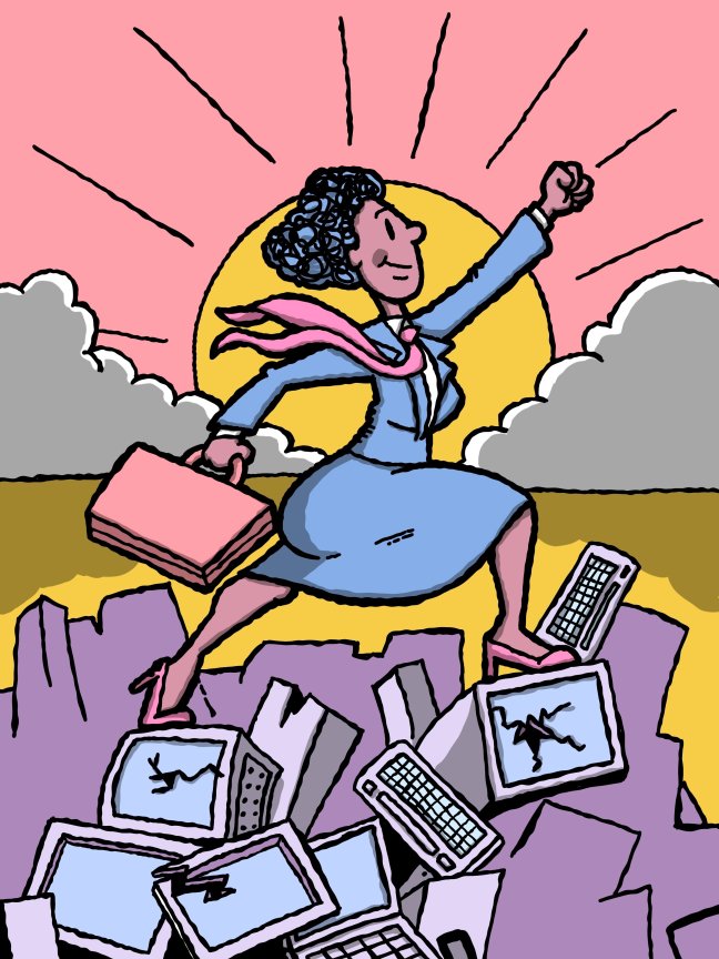 Pixabay cartoon of woman climbing a mountain of assorted laptops etc