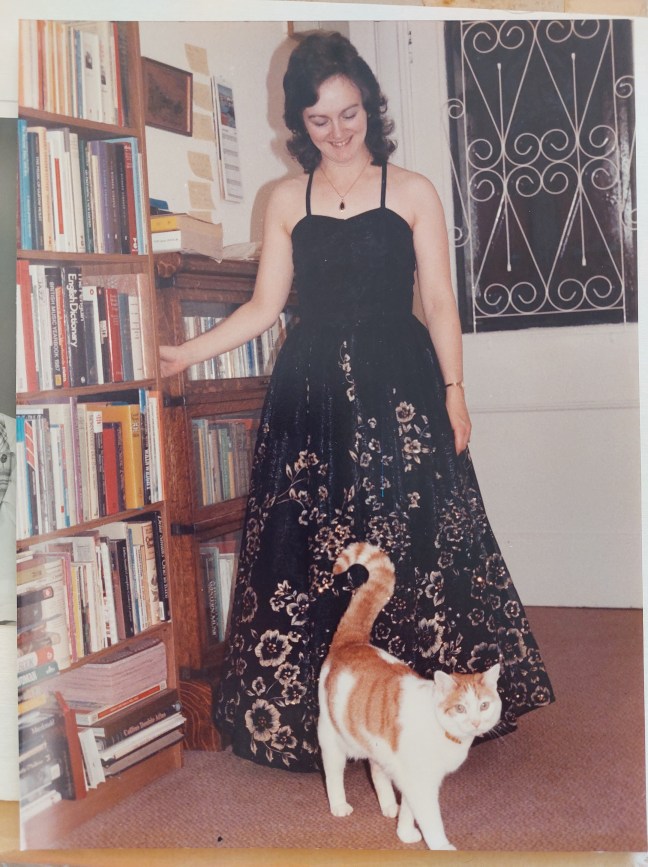 Me in self-made evening dress, with Fergie the cat, in our Springburn flat