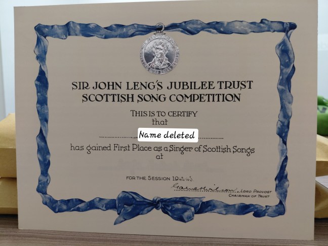 A Leng Medal Certificate