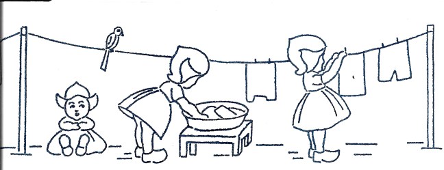 Children hanging out laundry - a vintage iron-on embroidery transfer.