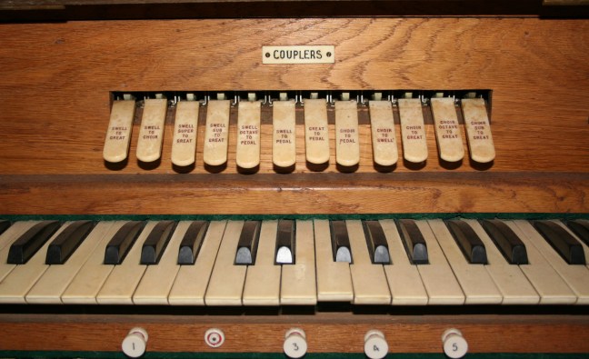 Church organ keyboard and stops